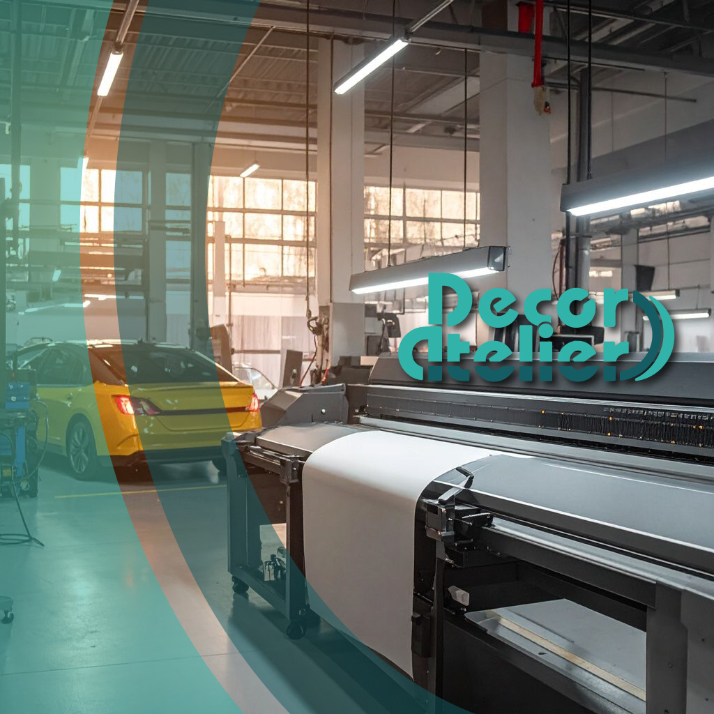 Professionelle Werbetechnik-Werkstatt mit breitem Format-Plotter und fertig beschrifteten Fahrzeugen im Hintergrund, warmes Arbeitslicht