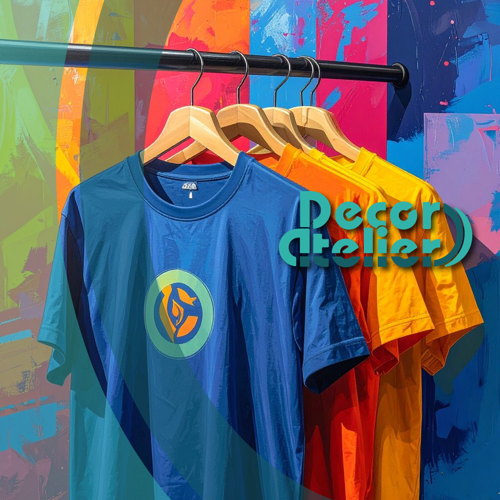 Arbeitskleidung und T-Shirts mit aufgedrucktem Firmenlogo auf Kleiderständern, lebendige Farben, heller Hintergrund